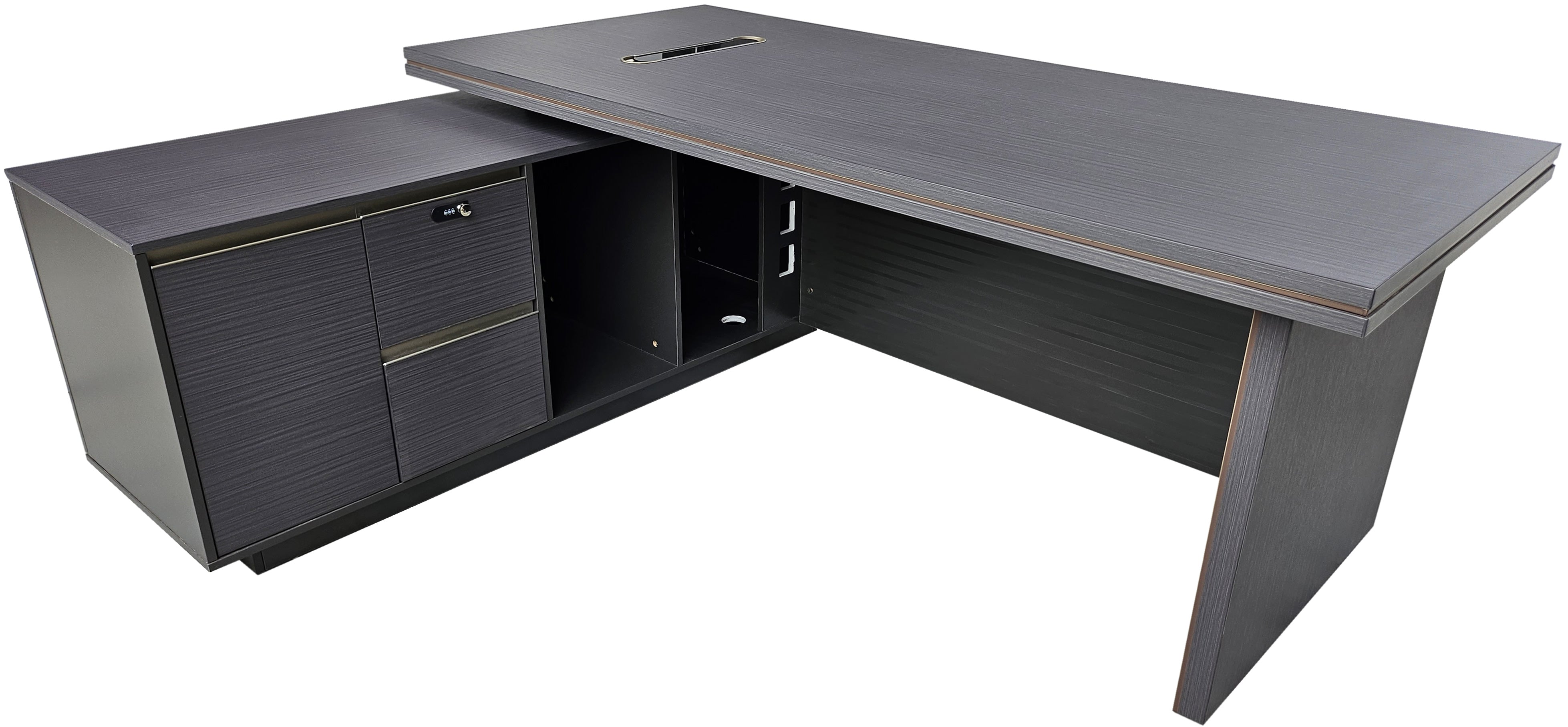 Modern Grey Oak Executive Corner Office Desk with Full Desktop and Brass Detailing - 1800mm - BP60-D07